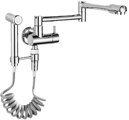 Rubinetto singolo for acqua fredda in rame, montaggio a parete, girevole a 360°, for lavabo da bagno con doccetta, rubinetto pieghevole for bagno e piscina Design senza perdite(Silvery spray)