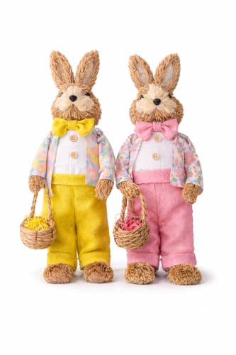Generico Coniglio Pasquale Decorativo in Fibra Naturale e Paglia con Cestino – Altezza 58 cm – Colore Rosa o Giallo – Addobbo Pasqua per Casa e Ingresso