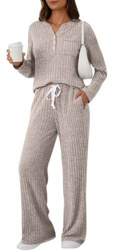 Ladies Lounge Wear Sets Uk Womens Lounge Wear Ladies Tracksuit Full Set V Neck Button Ribbed Knit Sleepwear And Wide Leg Pants With Drawstring Co Ord Sets Gym Outfit Womens Set Tracksuit Bottoms