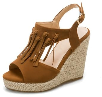 Generico Scarpe con Tacco A Cuneo Massiccio in Corda in Pelle PU Similpelle con Nappe Punta Aperta Tracolla Caviglia Regolabile Fibbia Estate Bohémien Appuntamento Serata Sposa,Marrone,40 EU