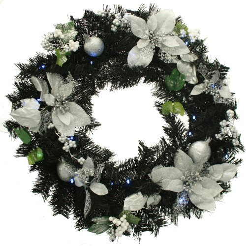 WeRChristmas Pre-Lit Decorated Wreath Illuminated with 20 Cool White LED Lights, 60 cm - Black/Silver