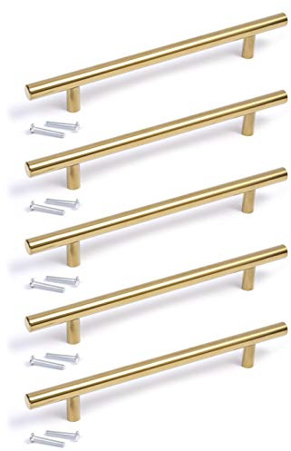 BSM Marketing T bar Handle Knob Gold Finish Kitchen Bedroom Bathroom (5, 192mm Hole centres)