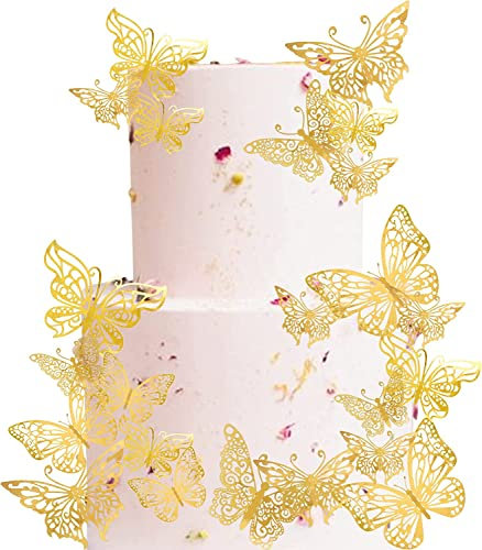 40 Stück Tortendeko, 3D Schmetterling Cupcake Topper mit Eisenstangen Schmetterling Tortendeko Geburtstag Butterfly Cake Toppers für Hochzeit Jahrestag Geburtstag Party Kuchen Dekoendeko Gold