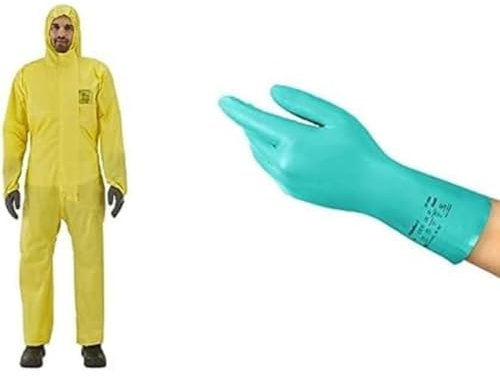 AlphaTec 2300 Model 132,Disposable Work Overall with Hood, Industrial Safety Workwear L Yellow+AlphaTec 37-300 Multipurpose Nitrile Gloves, Chemical Protection and Food Safety,Green, Size L (12 Pairs)