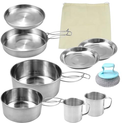 burkfeeg Camping Kochtopf Set,9-Teiligtes Outdoor Camping Kochgeschirr Edelstahl 2-3 Personen Faltbare Outdoor Kochtopf Campinggeschirr Pot Plate, Für Picknick Camping Wandern