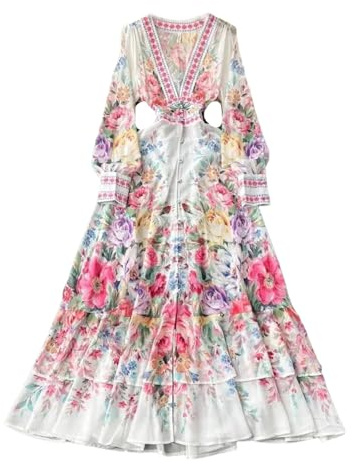 Vsadsau Robe longue en mousseline de soie à imprimé floral pour femme - Manches longues à volants et col en V - Style bohème, blanc, L