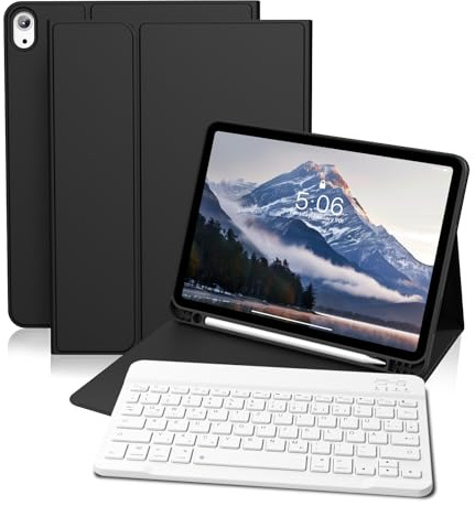 GKABXY Fodral med tangentbord för iPad (A16) 10/11 generation, 10,9/11 tum, (2022/2025), mjukt TPU-baksidesfodral med pennhållare, magnetiskt avtagbart Bluetooth-tangentbord, QWERTZ-layout, svart