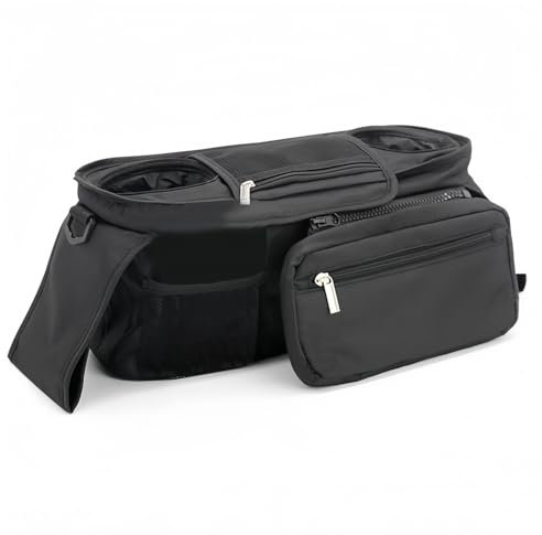 Kinderwagen Organizer Universal, Kinderwagen Tasche mit 2 Isolierten Getränkehalter, Buggy Kinderwagentasche mit Schultergurt und Stauraum für Windeln&Handys, Schwarz Baby Stroller Bag