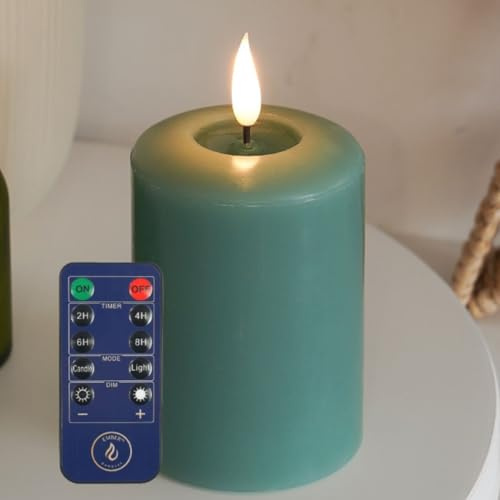 Ember Candles™ 10cm Signature Sage Green, LED Flickering Battery Candle with Remote & Timer, 100% Real Wax, Ultra-Realistic, Flameless, Hand-Poured Design Mood Lighting for Home, Parties, Events