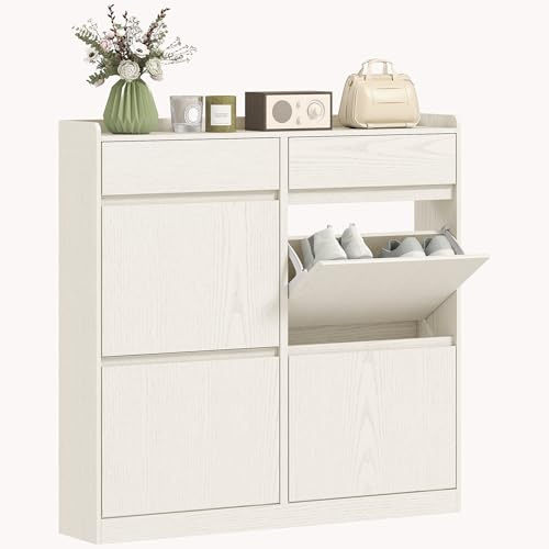 HOMCOM Zapatero Estrecho con 4 Puertas Abatibles Zapatero Entrada Recibidor con 2 Cajones para 8 Pares de Zapatos para Pasillo Espacios Reducidos 98x19,2x95,3 cm Blanco
