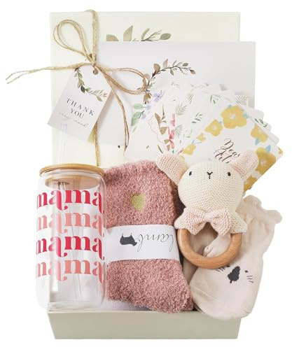 WOODEN TEETHER 7-delat presentset för mamma och baby, babygåva, flicka, pojke med mammakort, babyskallra , sugrörsbägare, strumpor, gratulationskort, set för nyfödda för babyparty (kanin, mindre)