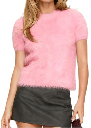 Owegvia Maglione da donna Y2K in pelliccia sagomato a maniche corte con girocollo, morbido e soffice, maglione in maglia pullover da strada, rosa, L