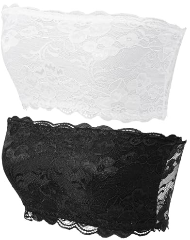 Nogeqi 2 Pcs Lace Tube Top Bra, Strapless Lace Bandeau Bra, Stretch Strapless Bralette, Cleavage Cover Up for Low Neckline, Modesty Panel Cleavage Cover for Women (White, Black)