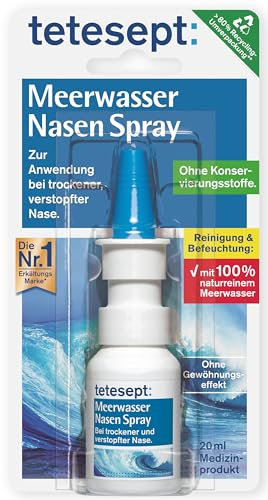 Spray nasal en eau de mer Tetesept - En cas de rhume - Nettoyage du nez bouché et hydratation naturelle des muqueuses nasales sèches - 1 x 20 ml