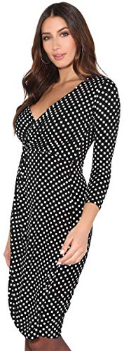 KRISP Women Polka Dot Wrap Midi Dress V-Neck 3/4 Sleeve (Black, 18), 6487-BLK-18
