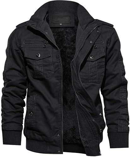 TACVASEN Uomo Giacca Militare Invernale Jacket Casual Interno in Pile Caldo collo in Piedi, Nero