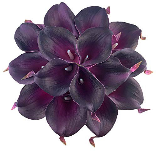 HUAHUASHIJIE Lot de 15 lys calla artificiels au toucher réaliste pour bouquet de mariage, décoration d'intérieur (violet prune foncé)