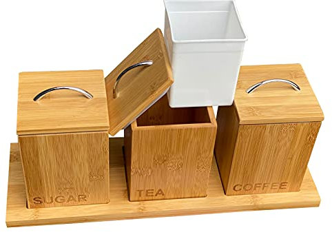 Tea Coffee Sugar Jars Canisters with Airtight Lids, Kitchen Organiser Set Wooden Kitchen Canister Set with Stylish Lid Wood Organiser Camper Van Camping Sachet Organizer