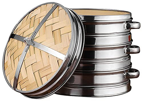 Dampfgarer Bambus, 3 Ebenen Bambus-Dampfgarerkorb mit Deckel und Griff, Chinesischer Naturreis Kochen Herd, Dampfgarer für Reis/Dim Sum/Gemüse/Fleisch für Home Küche, Restaurant, etc,30cm