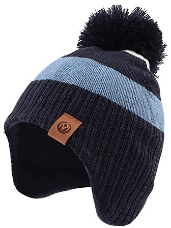 XIAOHAWANG Baby Mütze Winter Klassische Kindermütze Mädchen Jungen Warme Strickmütze mit Pompon Kleinkind Bommelmütze für Outdoor-Aktivitäten (2-4Jahren, Blau-Hut)