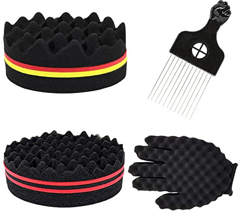 Pamtns 4 Stück Twist Sponge Afro Kamm Magic Curl Sponge HaarbüRste Schwamm Löcher Haarschwamm Locken Afro Doppelseitiges Magic Curl Schwamm und Lockenwickler Handschuhe Twist Barber Werkzeug