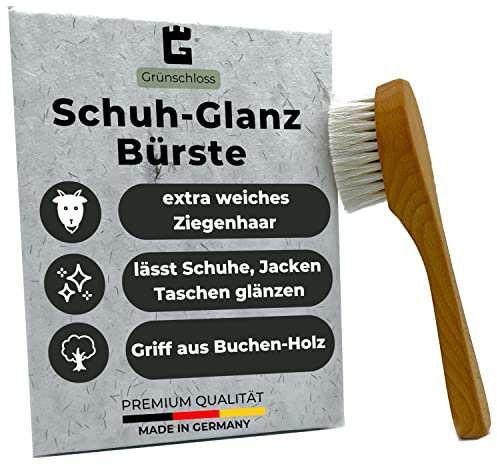 Grünschloss Schuhbürste weich Ziegenhaar - Schuhpflege Made in Germany - Schuh Polierbürste Glanzbürste für Leder, Glattleder & weiße Schuhe - Ziegenhaar Schuh Glanz Bürste aus Massivholz