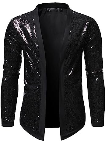 Mymyguoe Cardigans à paillettes brillantes pour homme - 7 pièces - Costume de fête discothèque - Veste de smoking avec paillettes et strass métallisés - Veste légère de transition - Halloween, Noir ,