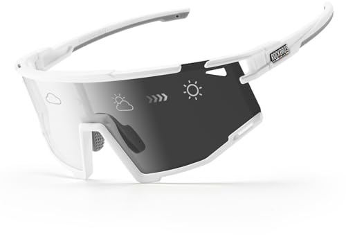 ROCKBROS Road to Sky Fahrradbrille Selbsttönende, Radbrille für Brillenträger, Sportsonnenbrille TR90-Rahmen Rutschfest Leichte für Rennrad Outdoor Alltag Weiß