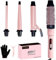 Curling Wand 4 in 1 Hair Curling Tongs Iron Set Ceramic Hair Curler with Straightener Brush Interchangeable Heating Barrels for Long Short Hairstyles Women Gift (Pink)
