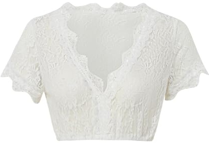Stciqok Women German Dirndl Blouse Bavarian Oktoberfest Costume Short Sleeve Lace U Neck White Dirndl Shirts Crop Tops(White-2,L)