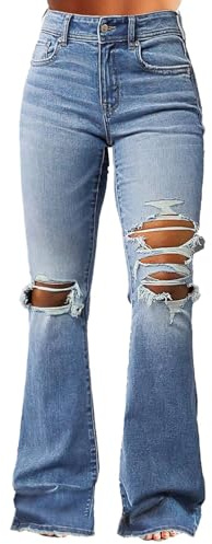 Flamingals Women's Ripped Bell Bottom Jeans Bootcut Mid Rise Stretchy Cut Out Denim Flare JeansMid Blue S