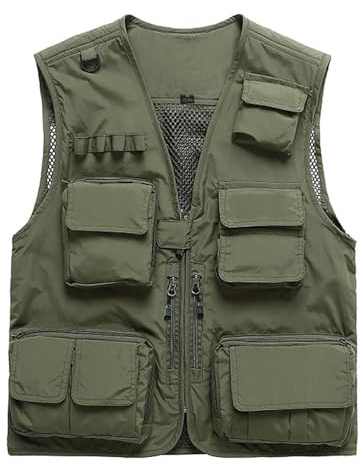 Vivikivi Men's Classical Outdoor Fishing Vest, Utility Cargo Vest Mesh Waistcoat, Multi Pockets Gilet for Safari Camera Camping Hiking Travel Hunting Walking Tactical (Army green, S)