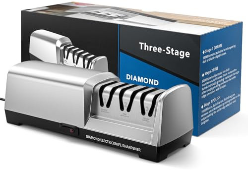 MusyVocay Affilacoltelli elettrico con diamante al 100%, affilacoltelli da cucina professionale a 3 livelli, 20 gradi, con guida angolare di precisione per sciliare, riparazione (Argento)