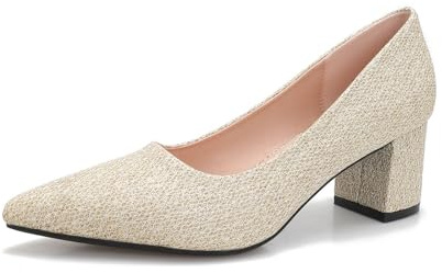 qibusleen Women's Glitter Slip On Low Block Pumps Closed Pointed Toe Silver Gold Dress Chunky Heels with Bow for Woman Comfortable Wedding Prom Dating Pumps Shoes 2.36 - 10.5