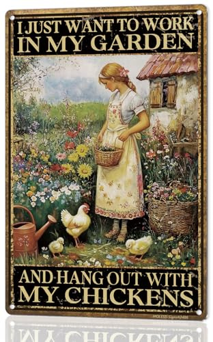 MOLESS Funny Garden Sign – I Just Want to Work in My Garden and Hang Out with My Chickens | 12x8″ Vintage Metal Sign for Outdoor Decor - Gardening Gift for Women Chicken & Plant Lovers, 2486