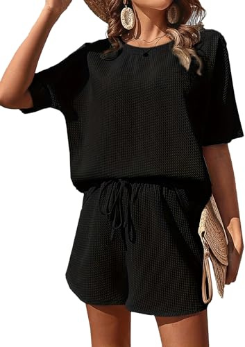 JFAN Conjuntos Chándal Mujer Verano Dos Piezas Conjunto Pantalones Cortos y Cuello Redondo Top Mujer Pantalones cortos con Cordón Ajustable para vacaciones en la playa,Negro,XL