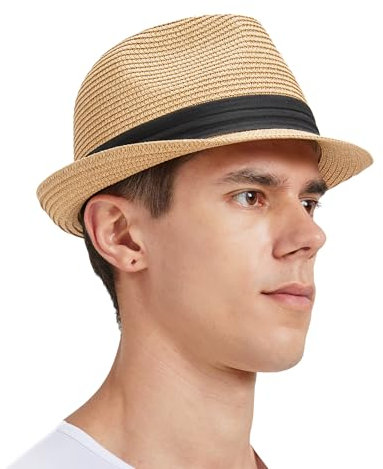 Zylioo M Trilby Fedora Strohhut für Kleinen Kopf,Stroh Sonnenhut Herren mit Roll UP Krempe,UV-Schutz Sommerhut Strandhut