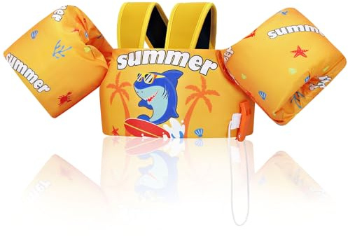 MoKo Gilet de Bain Enfant, Brassard de Natation de Dessin Animé avec Boucle en D et Sifflet d'urgence, Équipement de Natation pour Petits Filles Garçons, (20-30-40-50 lbs), Requin Jaune - Skateboard