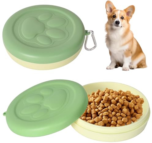 Gamelles de Voyage pour Chien et Chat, Bols d’Eau Portables avec Couvercle et Crochets, Voyage Bols en Plastique, Gobelets de Nourriture pour Marche Randonnée Camping (380ml, 1 Pièce) (Vert)