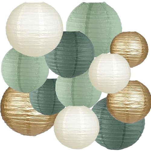 We Moment Zone 12pcs Paper Lanterns Decorative，Sage Green and Gold Ivory Round Paper Lanterns for Rustic Wedding Bridal Shower Birthday Party Decor