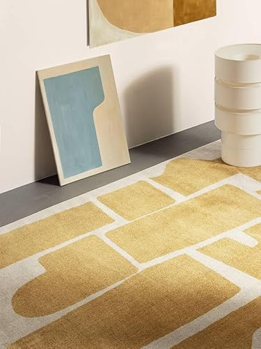 RugVista Contour, Teppich, Moderne Teppiche, 140 x 200 cm, Rechteckig, Mittlerer Stapel, Wohnzimmer, Schlafzimmer, Maschinenwäsche, Oeko_tex_100, Gelb/Off Weiß