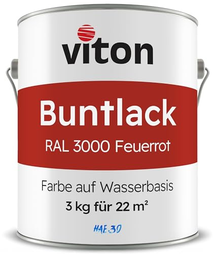 Viton Buntlack 3 Kg Rot - Seidenmatt - Wetterfest für Außen und Innen - 3in1 Grundierung & Lack - HAE 30 - Farbe auf Wasserbasis für Holz, Metall & Fliesen - Feuerrot RAL 3000