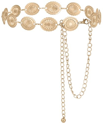 Alaoo Western guld metall Concho kedjebälte, guldkedjebälte för kvinnor, Western Cowgirl midjekedja Justerbart guld metall vintage bälte, Boho gyllene midjekedjor för kvinnors klänningar och jeans, C