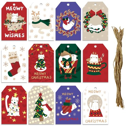 Holiday Gift Tags with Hemp Rope, Christmas Cat 12 Design 60 Pack, Decorative Present Labels for Wrapping Paper, Xmas Tree New Year Decoration
