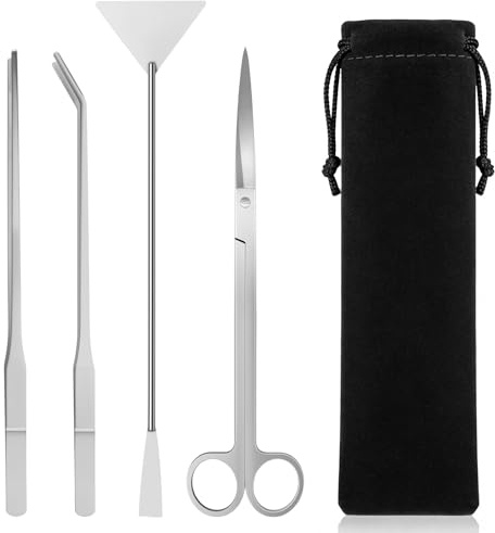 Wozzies 4 en 1 Juego de herramientas para acuario, kit de accesorios para acuarios, herramientas de acero inoxidable, juego de herramientas, con pinzas, tijeras, espátula, para paisajismo y plantas