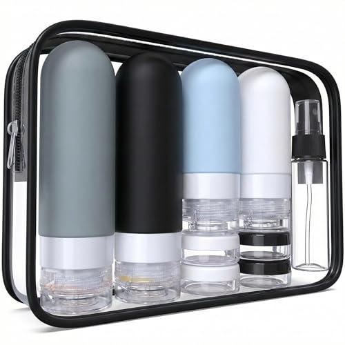 Laxen 16 Pack Travel Bottles Set with Clear Toiletry Bag TSA/CAA Approved Leakproof Silicone Refillable Travel Bottles for Toiletries & Accessories for Shampoo, Lotion and Creams (Black)