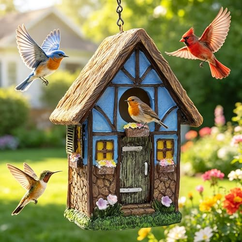 Attivolife Bird Houses for Garden, Outdoor Birdhouse Waterproof with Thatch Roof, Resin Hanging Rustic Cottage Nesting Box Patio Yard Decor Bluebird Cardinals, Bird Lover Mom Women Gardening Gifts