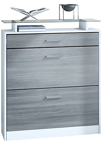 Vladon Schuhschrank Loret 89 x 104 x 23 cm Schuhkipper für 16 Paar Schuhe mit 1 Schublade, 1 Glasablage, Farben Weiß matt & Avola-Anthrazit