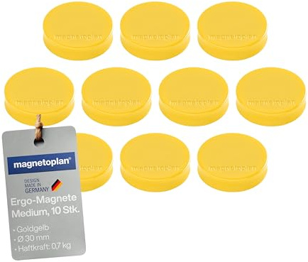 magnetoplan Ergo-Magnete, Medium | ØxH 30x8mm | 10 Stück, Goldgelb | Starke Haftkraft von 0,7 kg | Für Kühlschrank, Whiteboard, Magnettafel
