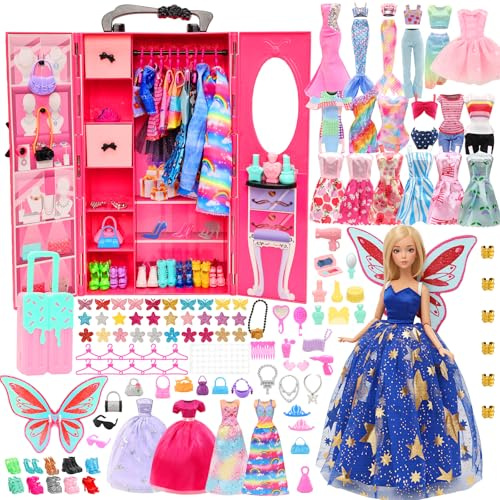 Miunana Kleiderschrank 101 Puppen Kleidung Zubehör Schrank Kleider Zubehör Schuhe Kleiderbügel Halsketten Kronen Tasche Accessoires für 11,5 Zoll Puppen